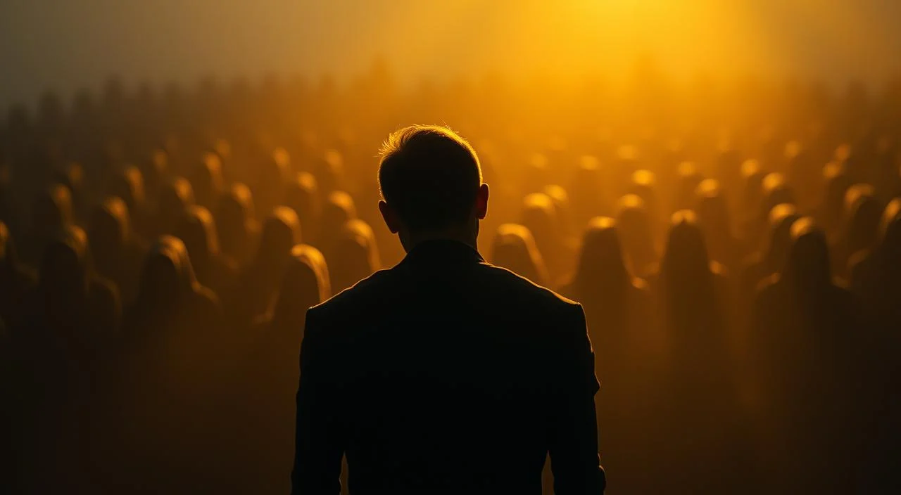 A shadowy figure stands alone, head bowed, shoulders hunched, as if weathering a storm of judgment. The foreground is bathed in a warm, golden glow, creating a sense of vulnerability and exposure. In the middle ground, a crowd of faceless figures loom, their expressions obscured, casting an ominous, critical aura. The background fades into a blur of indistinct shapes and muted tones, symbolizing the overwhelming nature of social pressure. The overall mood is one of discomfort, anxiety, and a profound sense of being trapped under the weight of perceived scrutiny.