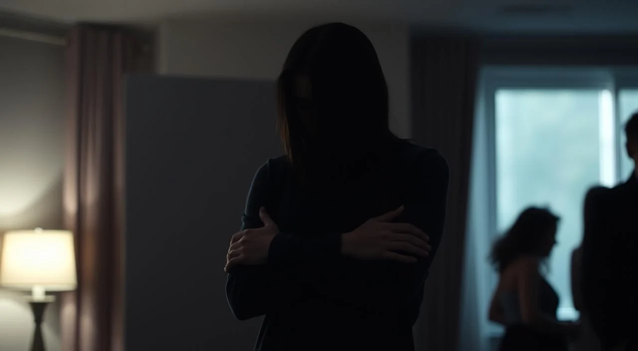 A shy, introverted person stands alone in a dimly lit room, shoulders hunched, arms crossed tightly over their chest. Their gaze is averted, eyes downcast, face partially obscured by a curtain of dark hair. The atmosphere is somber, with muted colors and soft shadows casting a melancholic tone. The figure appears withdrawn, isolated, and uncomfortable in the social setting, reflecting the typical behaviors and emotional responses associated with social anxiety and avoidance.