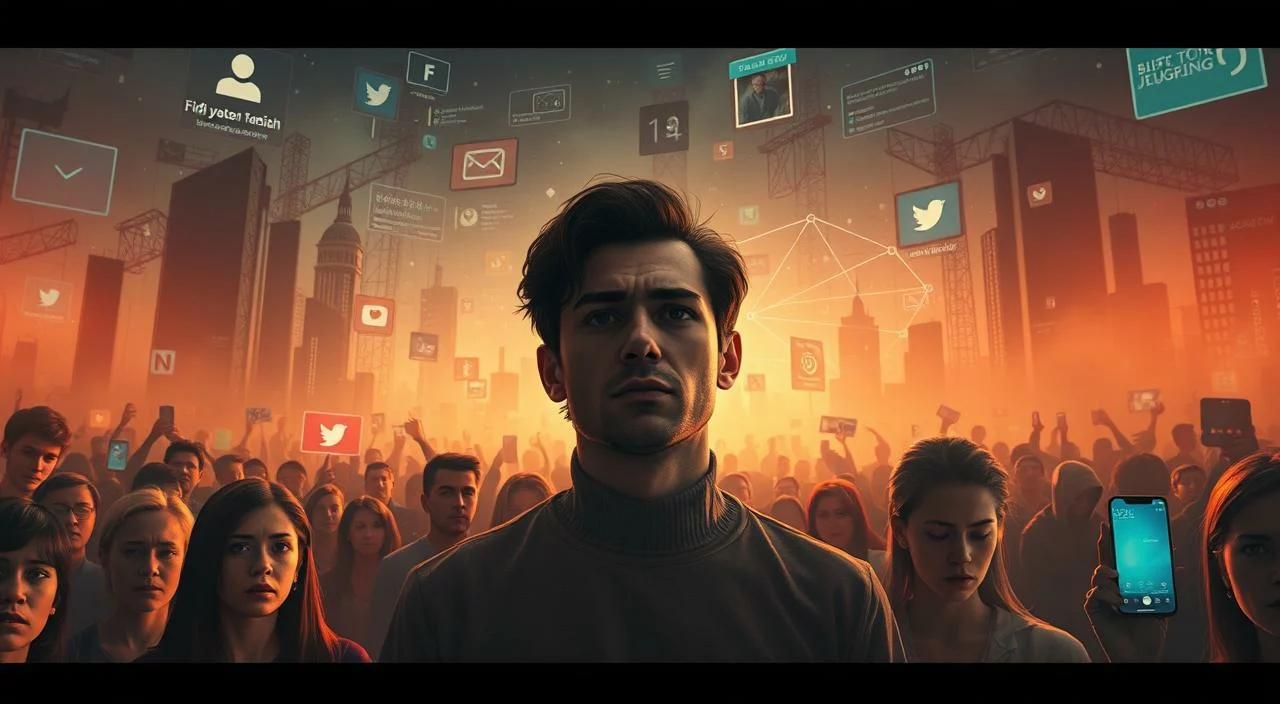 A social media landscape dominates the frame, with towering platforms and algorithms casting shadows over a crowd of figures. In the foreground, individuals are depicted in various emotional states - some appearing anxious, others seeking validation through their digital interactions. The middle ground features a central figure, their expression conflicted, as they grapple with the weight of external judgment. Warm lighting filters through the scene, creating a sense of unease and introspection. The overall composition conveys the profound influence of social media on the human psyche, shaping self-perception and the need for acceptance in the digital age.