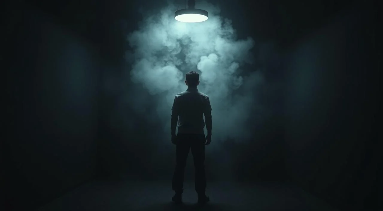 A solitary figure, shoulders hunched, stands amidst a swirling storm of anxious thoughts. The foreground is a claustrophobic, dimly lit room, walls closing in, shadows cast by a single overhead light. In the middle ground, the figure is surrounded by a hazy, dreamlike aura, symbolizing the internal turmoil of social anxiety. The background fades into a blurred, indistinct landscape, representing the disconnection from the outside world. Soft, muted colors and muted tones create a somber, introspective atmosphere. The overall composition conveys a sense of isolation, vulnerability, and the heavy psychological burden of social anxiety.