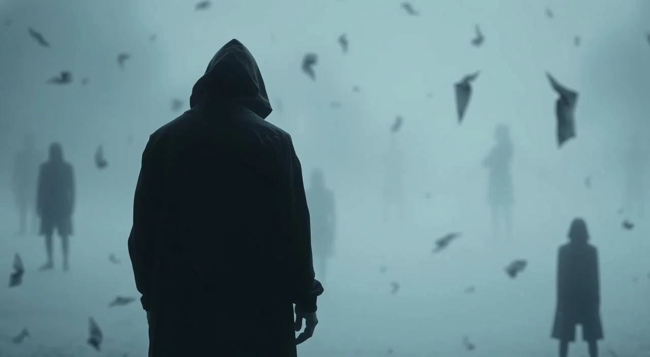 A solitary figure, shrouded in shadows, stands alone amid a blur of disconnected, disjointed shapes and forms. The muted color palette evokes a sense of isolation and withdrawal, as the subject's posture conveys a deep emotional withdrawal from the world. Diffused lighting creates a palpable sense of isolation, while the sparse, fragmented background suggests the impacts of social distancing and personal disconnection. The overall atmosphere is one of introspection, melancholy, and the profound psychological toll of social isolation.