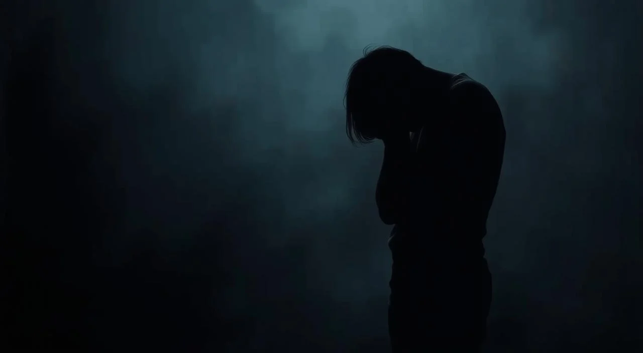 A solitary figure stands alone, their head bowed, shoulders hunched. Shadows loom large, casting an ominous atmosphere. The background is blurred, hazy, as if the world has faded away, leaving only the overwhelming sense of judgment and self-doubt. Muted colors, a somber palette, convey the heaviness of the emotion. Soft lighting from an unseen source highlights the vulnerability of the subject, their face obscured, hiding from the gaze of an invisible audience. Tension fills the air, a palpable weight of anticipated criticism and disapproval. This is the embodiment of "medo de julgamento" - the fear of being judged, the dread of perceived failures or shortcomings.