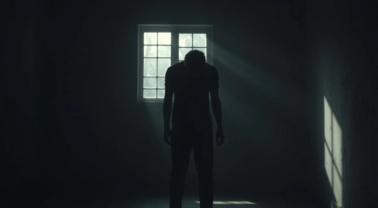 A solitary figure stands in a dimly lit room, shoulders hunched, face obscured by shadows. The surroundings are sparse, with bare walls and a minimal, oppressive atmosphere. Rays of somber light filter through a lone window, casting an air of melancholy and isolation. The figure's posture conveys a deep sense of rejection, a haunting embodiment of the "complexo de rejeição" - the overwhelming fear of judgment and exclusion. The scene evokes a palpable tension, a silent plea for understanding and acceptance amidst the emotional barriers that constrain the subject.