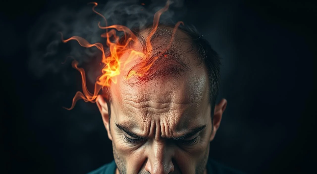 A somatized anxiety disorder manifested as a tense, throbbing headache. In the foreground, a close-up view of a human head with furrowed brows and a pained expression. The temple region is highlighted, appearing inflamed and pulsating. The middle ground depicts a swirling, turbulent energy surrounding the head, representing the mental anguish and physical discomfort. In the background, a dark, hazy atmosphere conveys the overwhelming and debilitating nature of the condition. Dramatic lighting casts sharp shadows, adding to the sense of tension and distress. The image should evoke a visceral, embodied experience of the somatized anxiety and its impact on the individual.