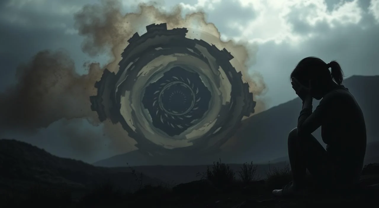 A somber and atmospheric scene depicting the warning signs of anxiety and depression. In the foreground, a figure sits hunched, head in hands, conveying a sense of emotional turmoil. The middle ground features a swirling vortex of muted colors and shapes, symbolizing the inner turmoil and distorted thought patterns. In the background, a shadowy, foreboding landscape suggests the overwhelming nature of these mental health challenges. Dramatic lighting casts dramatic shadows, heightening the sense of unease and distress. The overall mood is one of melancholy, vulnerability, and the need for finding balance and healing.