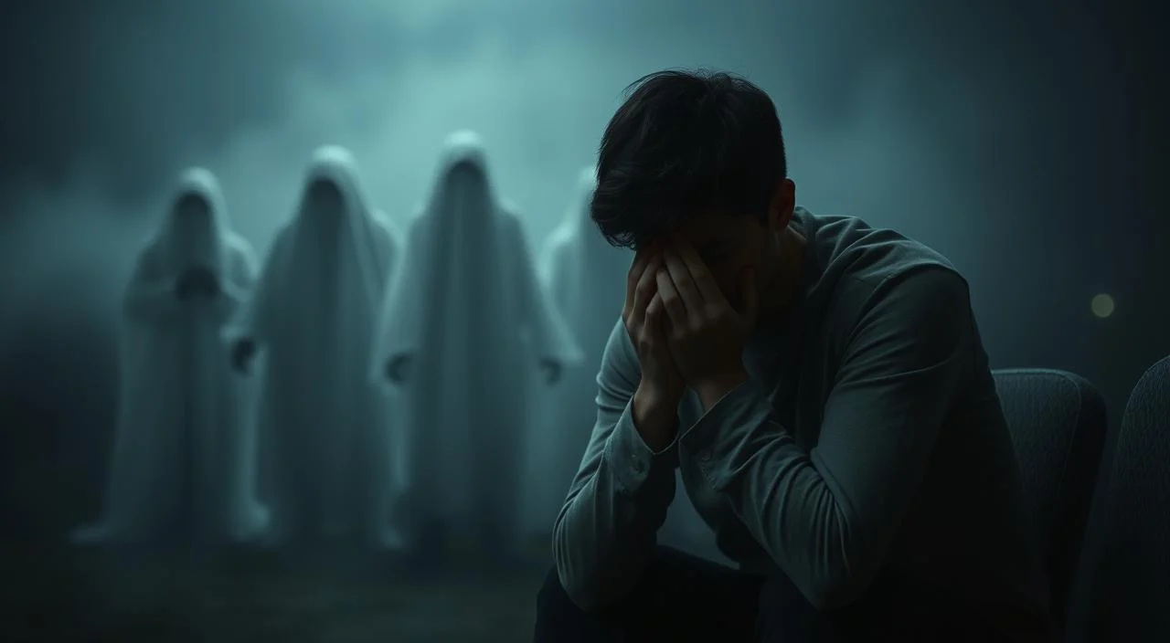 A somber and introspective scene of a person experiencing social anxiety disorder. In the foreground, a solitary figure sits hunched, face obscured by hands, eyes downcast and brows furrowed. Muted colors and soft lighting create an atmosphere of tension and unease. In the middle ground, ghostly figures loom, symbolizing the perceived judgment and scrutiny that overwhelms the subject. The background fades into an abstract, hazy void, conveying the sense of isolation and detachment from the outside world. Subtle details, such as trembling hands and a hunched posture, accentuate the physical manifestations of this debilitating condition.