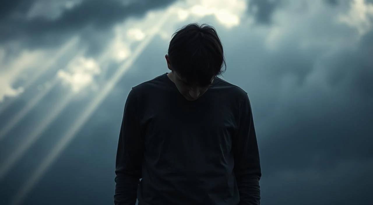 A somber figure standing alone, shoulders hunched, head bowed, as dark clouds loom overhead. Faint streaks of light filter through, casting a melancholic glow on the scene. The background is blurred, emphasizing the introspective nature of the moment. The individual's expression conveys a deep sense of low self-esteem, the weight of emotional barriers weighing heavily. Subtle details, such as a crumpled piece of paper or a discarded item, hint at the internal struggles. The overall composition evokes a sense of isolation and the impacts of fear of judgment and rejection on one's personal life and self-worth.