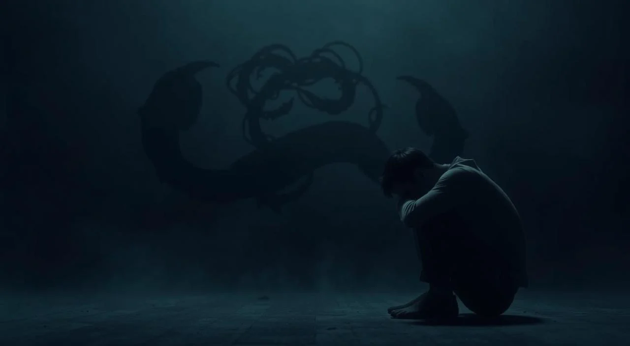 A somber, melancholic scene depicting the inter-relationship between anxiety and depression. In the foreground, a figure sitting hunched, head in hands, conveying a sense of emotional distress and heaviness. The middle ground features shadowy, swirling forms representing the psychological turmoil and interconnectedness of these mental health conditions. The background is shrouded in a muted, monochromatic palette, evoking a sense of isolation and introspection. Soft, diffused lighting casts a pensive, contemplative mood over the entire composition. The overall tone is one of vulnerability, complexity, and the profound impact of these coexisting mental health challenges.
