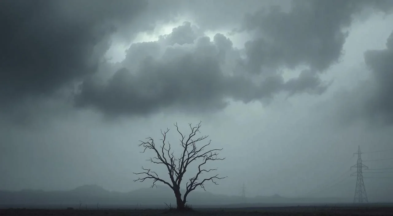 A somber, overcast scene depicts the "viés de negatividade" (negativity bias) as a heavy, looming cloud casting a shadow over a desolate landscape. In the foreground, a single, withered tree stands alone, its bare branches reaching upwards as if grasping for the light. The middle ground is shrouded in a hazy mist, obscuring the details and creating a sense of uncertainty and unease. The background is a muted, monochromatic palette, emphasizing the dreary and oppressive atmosphere. The lighting is dim and moody, with subtle highlights and shadows accentuating the gloomy mood. The overall composition conveys a sense of isolation, hopelessness, and the overwhelming weight of negative thoughts and emotions.