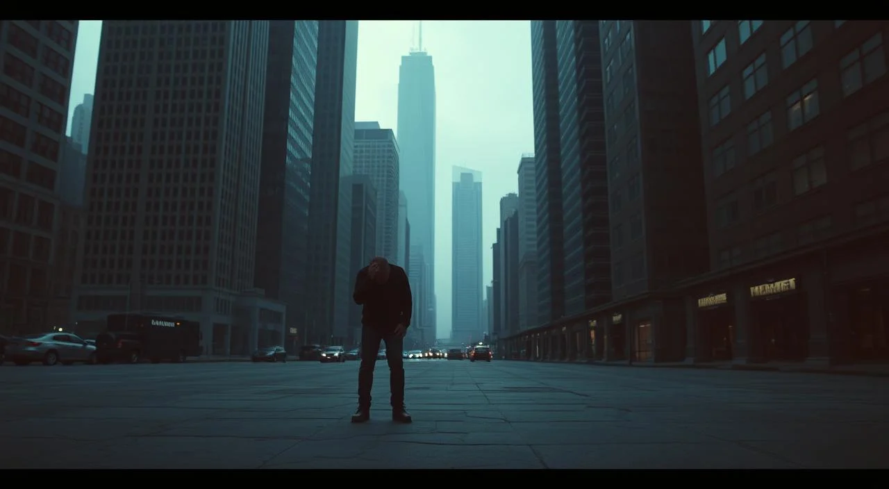 A stark cityscape bathed in gloomy hues, towering skyscrapers casting long shadows. In the foreground, a lone figure stands hunched, shoulders slumped, overwhelmed by the weight of judgment and self-doubt, a tangible aura of unease permeating the scene. Subtle details reveal the impacts of this fear - cracked pavements, unkempt facades, a sense of isolation. The lighting is muted, almost crepuscular, heightening the sense of vulnerability. Depth-of-field blurs the background, focusing attention on the central subject, their emotional turmoil palpable. This image conveys the debilitating effects of the fear of judgment, a visual metaphor for the ways it can shrink one's world and stifle self-expression.