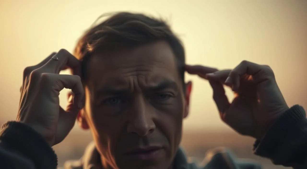 A study of the physical and emotional symptoms of anxiety. In the foreground, a close-up portrait of a person's face, with furrowed brows, wide eyes, and a tense expression conveying distress and unease. In the middle ground, the person's hands gripping the sides of their head, suggesting an overwhelming sense of worry or panic. The background is a blurred, hazy scene, evoking a sense of isolation and introspection. Soft, warm lighting casts gentle shadows, creating a contemplative and introspective atmosphere. The overall composition and mood aims to capture the inner turmoil and physiological manifestations of anxiety.