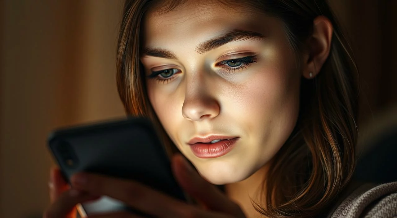 A stunning portrait of a young woman gazing at her smartphone, her expression conveying a mix of social anxiety and self-consciousness. The foreground features the woman's face, illuminated by the soft glow of the screen, her eyes downcast, the weight of social media's influence evident in her thoughtful demeanor. The middle ground blurs into a hazy, dreamlike background, symbolizing the disconnect between digital and physical reality. The lighting is natural, with warm undertones that lend an air of intimacy to the scene. The overall mood is pensive, reflecting the complex emotional impact of social media on self-perception and body image.