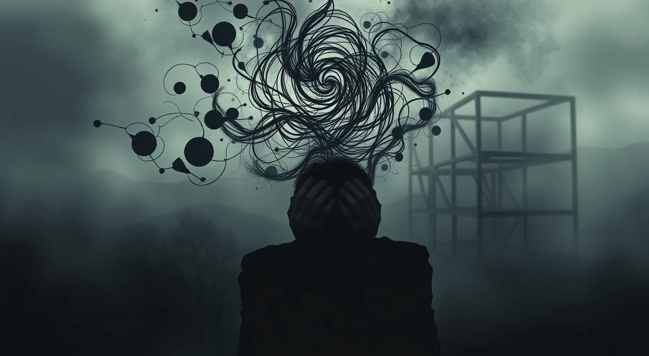 A surreal and introspective scene depicting the mental triggers of anxiety. In the foreground, a shadowy figure clutches their head, overwhelmed by swirling, abstract shapes representing anxious thoughts. The middle ground features a maze-like structure, symbolizing the complex, tangled nature of anxiety triggers. In the background, a hazy, dreamlike landscape shrouded in muted colors conveys the emotional and psychological turmoil. Dramatic chiaroscuro lighting casts deep shadows, heightening the sense of unease and inner conflict. The overall composition evokes the disorienting and distressing experience of anxiety's mental catalysts.