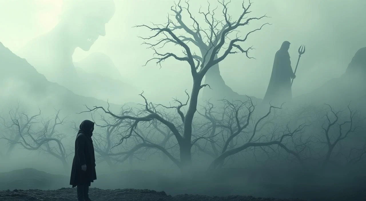 A surreal landscape depicting the origins of fear of judgment. In the foreground, a figure stands alone, their face obscured by a shadowy veil, representing the internalized fear of being judged. In the middle ground, a maze of twisted, thorny branches symbolizes the complex web of past experiences and societal pressures that contribute to this anxiety. The background is shrouded in a hazy, dreamlike atmosphere, with distant, looming figures casting ominous shadows, signifying the underlying societal forces that shape our perceptions of judgment. Soft, diffused lighting creates an introspective, contemplative mood, inviting the viewer to explore the subconscious roots of this psychological struggle.
