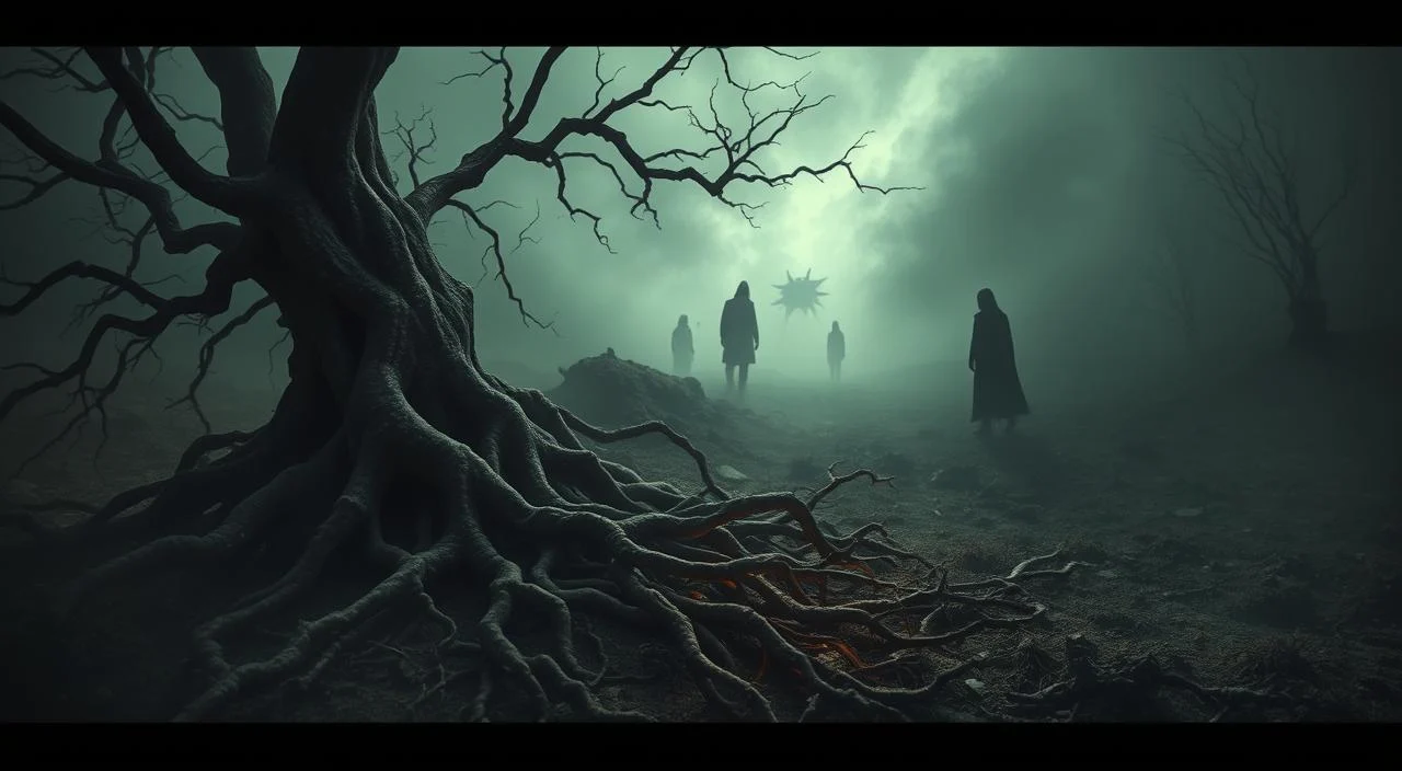 A surreal landscape with deep psychological roots, illuminated by a haunting, ethereal glow. In the foreground, gnarled, twisted roots emerge from the earth, symbolizing the subconscious drivers of the fear of judgment. The roots intertwine and converge, creating a sense of entanglement and complexity. The middle ground features a misty, dreamlike realm, where shadowy figures loom, representing the internalized voices of criticism and scrutiny. The background is shrouded in a hazy, uncertain atmosphere, conveying the sense of the unknown and the difficulty in confronting the fear. The overall mood is one of unease, introspection, and the search for self-understanding.