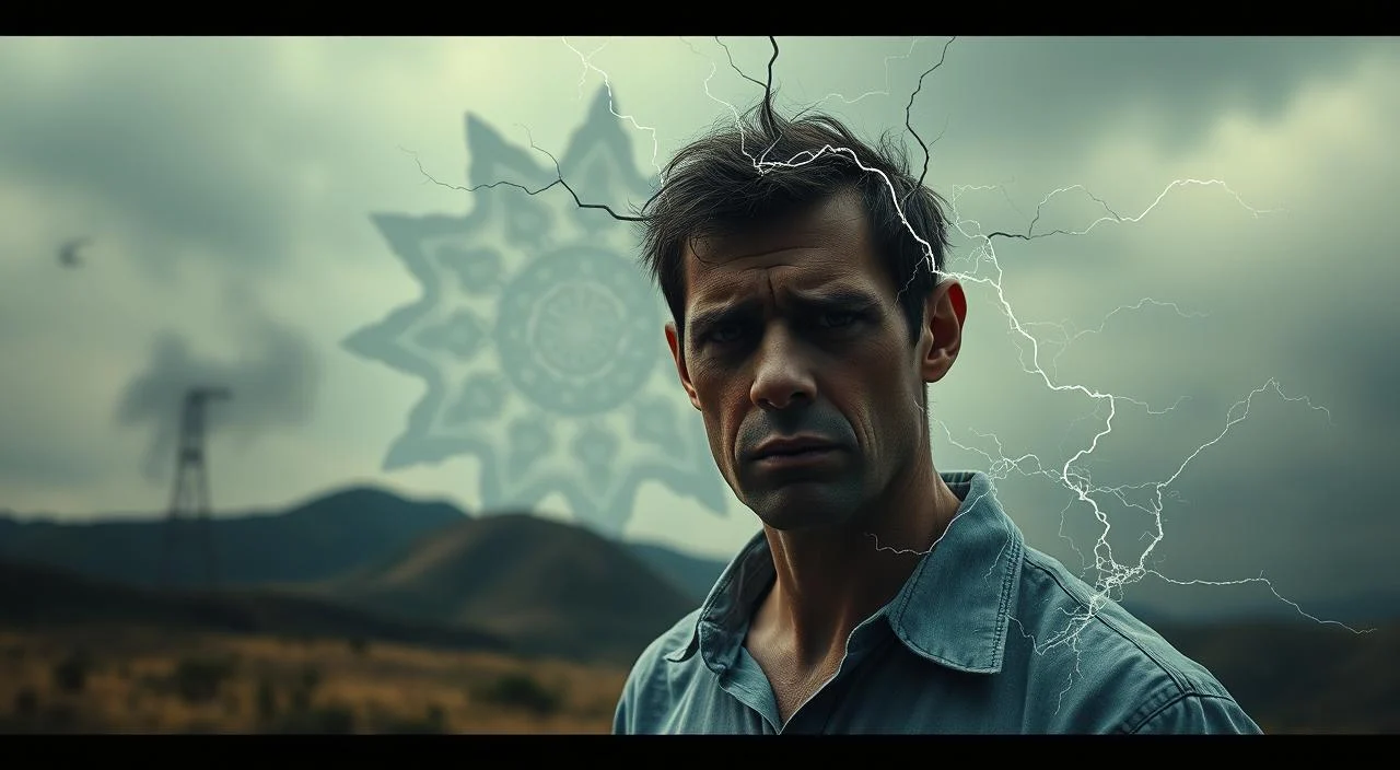 A surreal, visually striking depiction of the symptoms of anxiety. A central figure, rendered in photorealistic detail, stands in the foreground, their face contorted with worry and stress. Tendrils of energy or electricity crackle around them, representing the physical and mental tension of anxiety. The middle ground features a kaleidoscopic pattern of distorted shapes and colors, evoking the disorientation and racing thoughts associated with the condition. In the background, a hazy, dream-like landscape, with muted tones and blurred features, symbolizes the sense of disconnection and detachment that often accompanies anxiety. Dramatic lighting, with sharp contrasts and deep shadows, heightens the intensity and emotional impact of the scene. The overall aesthetic is one of unease, turbulence, and the profound impact of anxiety on the human experience.