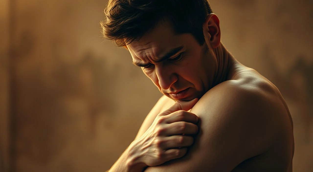 A tense, anxious figure clutches their left arm, brows furrowed in discomfort. Muscles ripple beneath the skin, a tangible manifestation of the emotional distress. The background is hazy, a blur of muted colors, drawing the viewer's focus to the central subject and their physical struggle. Warm lighting casts a golden glow, heightening the intensity of the moment. The composition is tight, intimate, capturing the individual's inner turmoil and the inextricable link between psychological and physiological pain.