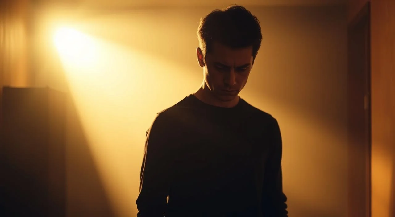 A tense, anxious figure standing alone in a dimly lit room, shoulders hunched, gaze downcast. Subtle details like fidgeting hands, a furrowed brow, and a troubled expression convey the discomfort and self-consciousness of social anxiety. The background is blurred, hazy, and indistinct, emphasizing the subject's inward focus. Warm, muted tones create a somber, introspective atmosphere. Soft, directional lighting casts shadows that accentuate the subject's sense of isolation. The overall composition and lighting evoke a sense of psychological tension and unease, capturing the essence of social anxiety symptoms.