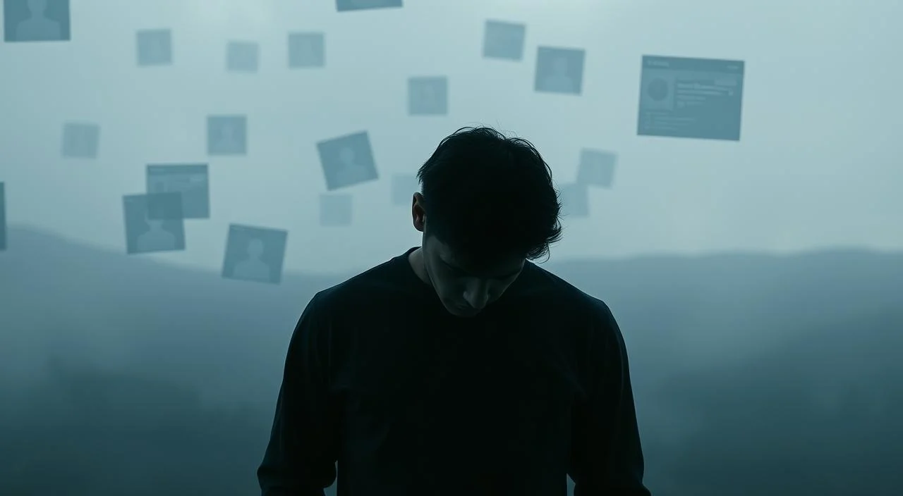 A tense, anxious figure stands in the foreground, shoulders hunched, eyes downcast, lost in a sea of floating social comparison metrics and judgmental gazes. The middle ground is a hazy, distorted realm of digital profiles and numbers, blurring the lines between self-worth and online validation. In the distant background, a stark, minimalist landscape devoid of color and depth, symbolizing the isolating, dehumanizing effects of constant self-evaluation and the pressure to conform. Stark, high-contrast lighting casts dramatic shadows, heightening the sense of unease and inner turmoil. A cinematic, moody atmosphere pervades the scene, capturing the psychological weight of anxiety and social comparison.