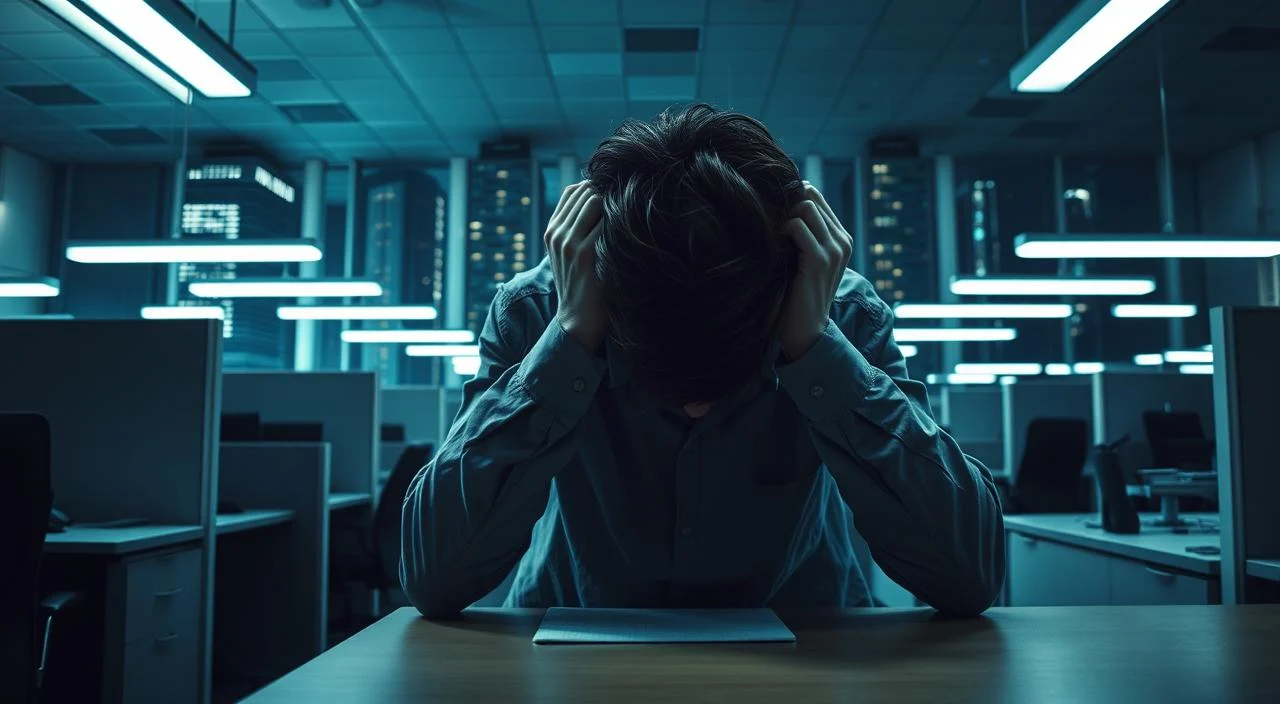 A tense, anxious professional environment. In the foreground, a figure hunched over a desk, hands gripping the sides of the head, face obscured by shadows. The middle ground features cubicles, desks, and chairs arranged in a sterile, clinical layout. Fluorescent lighting casts a harsh, clinical glow, creating a sense of confinement and discomfort. In the background, towering office buildings loom, their windows reflecting a cold, impersonal atmosphere. The overall mood is one of overwhelming pressure, self-doubt, and the fear of judgment, conveying the challenges of personal growth in a high-stress professional setting.