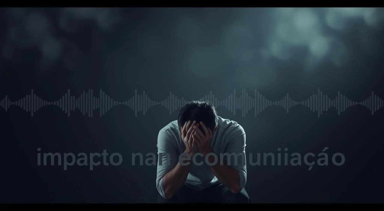 A tense, yet introspective scene of "impacto na comunicação". In the foreground, a person sits hunched over, hands covering their face, overwhelmed by the weight of miscommunication. The middle ground features subtle distortions, audio waves, and visual glitches, symbolizing the breakdown in clear expression. The background is shrouded in a moody, contemplative atmosphere, with muted tones and soft, unfocused edges, conveying the internal struggle. Dramatic lighting casts dramatic shadows, emphasizing the sense of isolation and introspection. The overall tone is one of vulnerability, as the subject grapples with the psychological impact of communication challenges.