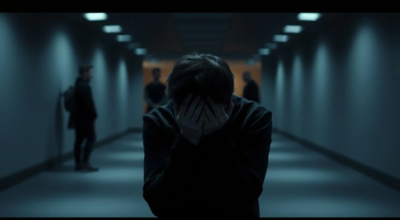 A thoughtful, introspective scene depicting social anxiety and self-esteem. In the foreground, a solitary figure huddled inwardly, their face obscured by hands, conveying a sense of vulnerability and self-consciousness. The middle ground features a dimly lit, minimalist environment, with muted colors and soft, diffuse lighting, creating an atmosphere of discomfort and unease. In the background, blurred, shadowy forms loom, hinting at the perceived judgmental gaze of others. The overall mood is one of emotional turmoil and inner conflict, reflecting the struggle to find balance between the fear of judgment and the yearning for acceptance.