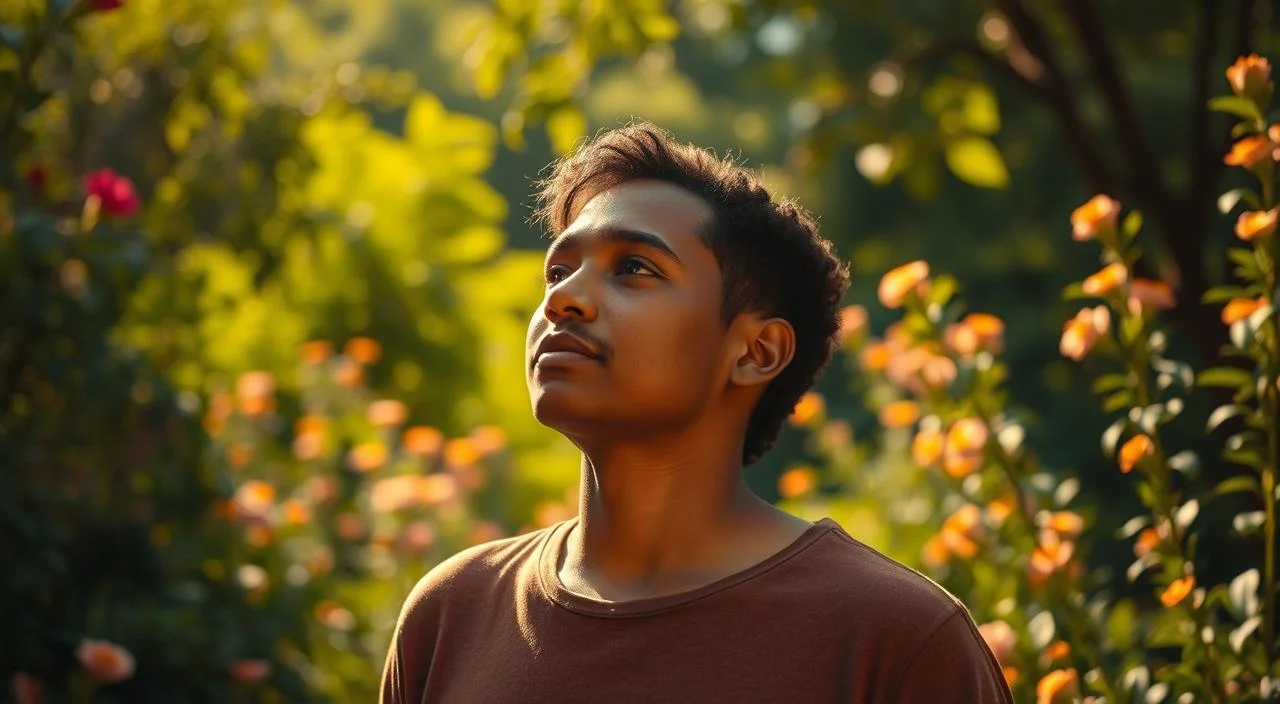 A thoughtful person standing in a serene, sun-dappled garden, gazing introspectively with an expression of inner strength and self-assurance. Soft, warm lighting illuminates their face, conveying a sense of tranquility and self-acceptance. The background is lush with vibrant greenery and blooming flowers, symbolizing personal growth and the overcoming of self-doubt. Gentle hues of gold, amber, and sage create an atmosphere of harmony and self-empowerment. The overall scene evokes a feeling of courage, resilience, and the liberation from the fear of judgment.