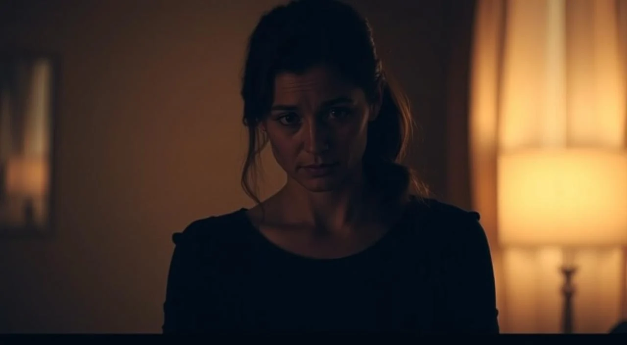 A thoughtful woman standing in a dimly lit room, her expression conveying uncertainty and hesitation. The background is blurred, with muted tones and shadows, creating a sense of introspection. Soft, warm lighting illuminates her face, highlighting her furrowed brow and downcast gaze, as she contemplates the fear of judgment that often hinders open communication. The scene evokes a sense of vulnerability and the internal struggle to overcome the barriers that prevent authentic self-expression.