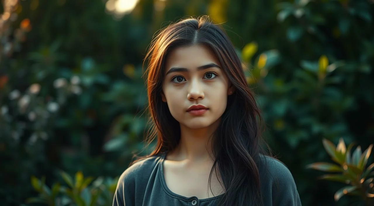 A thoughtful young woman stands in a serene garden, her expression reflecting a sense of inner calm and self-acceptance. Warm, diffused lighting bathes her face, highlighting her gentle features and the newfound confidence in her gaze. The lush, verdant foliage in the background symbolizes the growth and renewal of her self-esteem. A sense of tranquility and introspection pervades the scene, capturing the transformation of self-criticism into self-compassion.