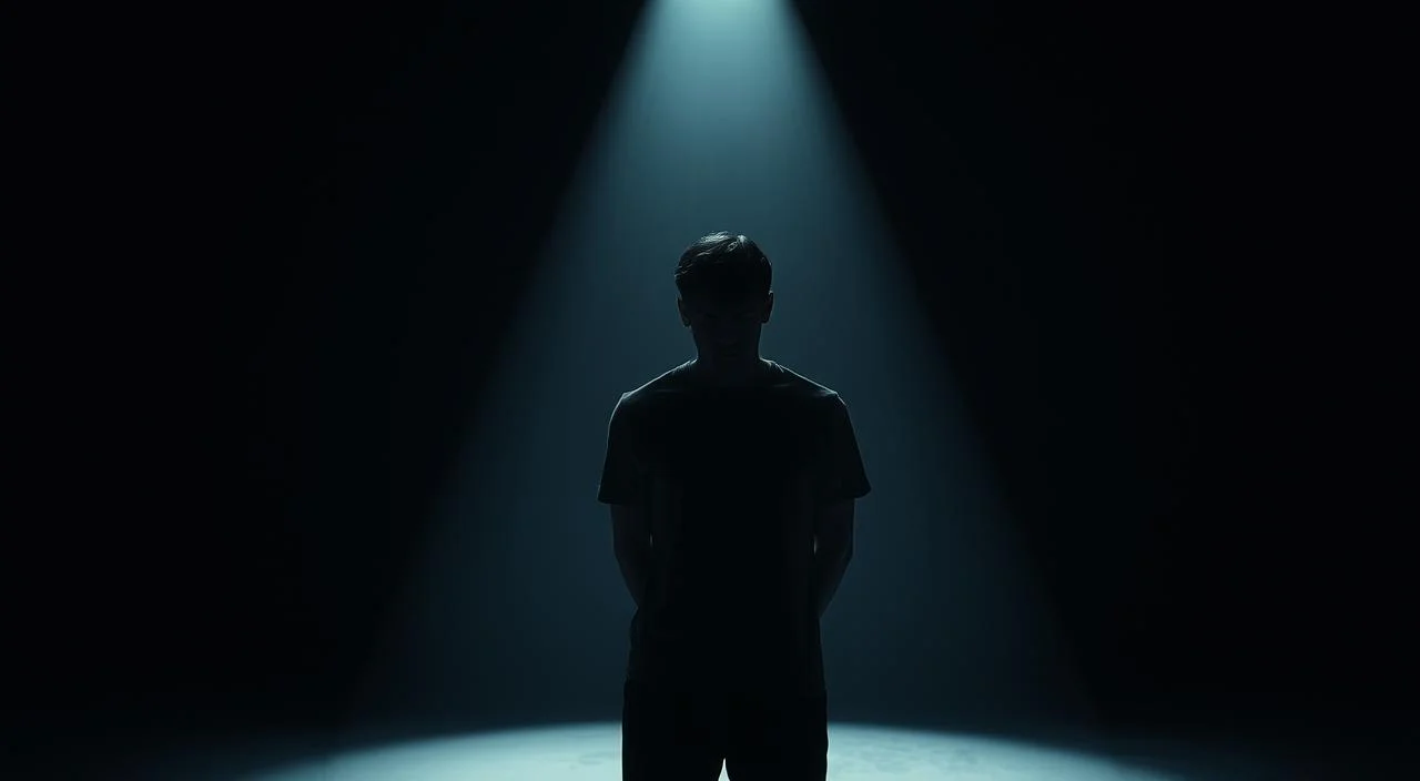 A timid figure, shoulders hunched, face obscured, stands in the foreground, surrounded by an unforgiving spotlight. The background fades into a vast, empty space, devoid of any comforting presence. Shadows loom, suggesting the weight of scrutiny and judgment that looms over the subject. The lighting is stark, creating a sense of vulnerability and isolation. The overall atmosphere conveys the crushing, all-encompassing nature of social anxiety, where the fear of being judged by others becomes a suffocating reality.