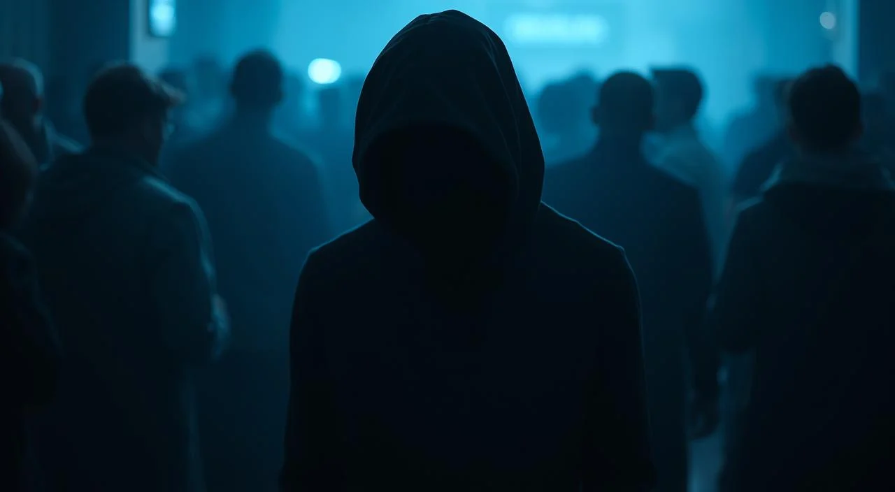 A timid individual stands alone, their face obscured by a shadowy veil, conveying a sense of social anxiety and discomfort. The figure is framed against a hazy, dimly lit background, suggestive of a crowded social setting. Subtle shades of blue and gray evoke a somber, introspective mood, while the figure's hunched posture and averted gaze reflect a deep-seated fear of judgment. The overall composition aims to capture the essence of social phobia and the psychological barriers that can hinder meaningful human connection.