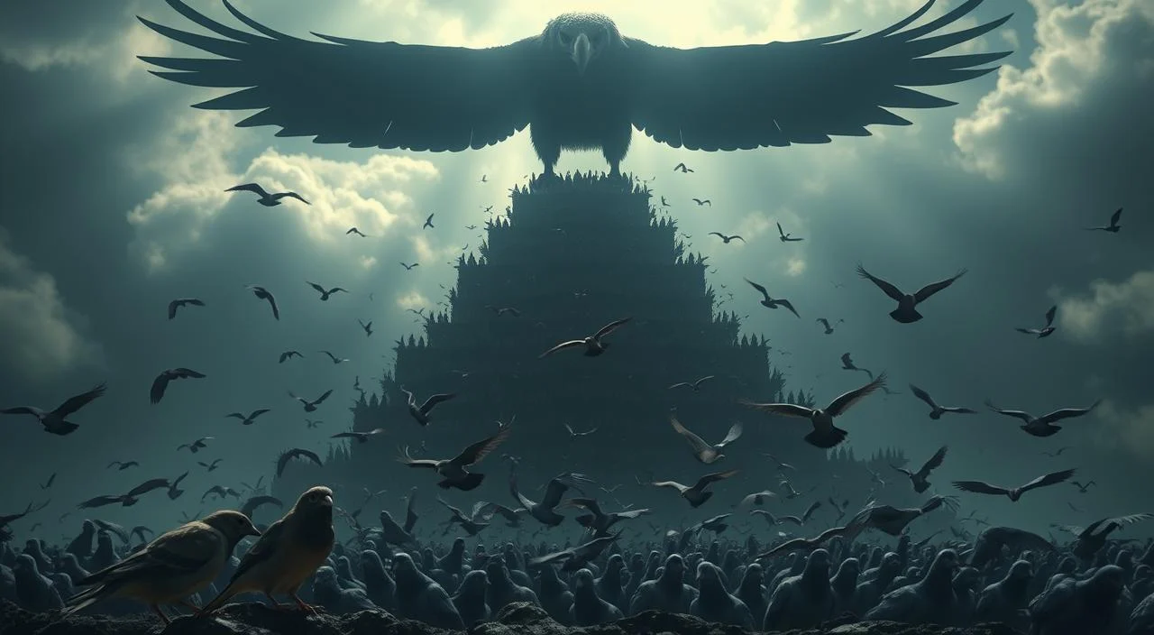 A towering hierarchy of phobias, with a massive, looming avian silhouette casting an ominous shadow over a landscape of increasingly smaller, more terrified bird depictions. The foreground features a detailed, life-sized sparrow trembling in fear, while the middle ground showcases a flock of pigeons taking flight in a panic. In the distant background, larger birds like hawks and eagles loom, creating an overwhelming sense of escalating dread. The scene is bathed in dramatic, chiaroscuro lighting, emphasizing the contrast between the imposing avian presence and the cowering, helpless figures below. The overall composition conveys the sense of a carefully constructed, layered psychological landscape, mirroring the complex and hierarchical nature of the subject's phobic experience.