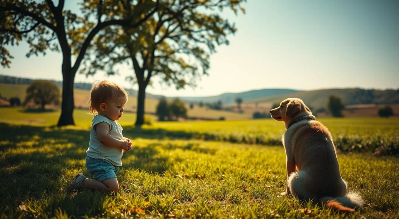 A tranquil countryside setting on a sunny day, with a small child cautiously approaching a friendly, docile dog in the foreground. The child's expression conveys both apprehension and curiosity, as the dog sits patiently, emanating a calming, non-threatening presence. In the middle ground, a lush, verdant field stretches out, with a few scattered trees providing gentle shade. The background features rolling hills and a clear, azure sky, creating a serene, pastoral atmosphere. The lighting is soft and natural, casting warm, diffused shadows that accentuate the scene's peaceful ambiance. Subtle camera angles and a shallow depth of field draw the viewer's attention to the central interaction, inviting contemplation on the origins of canine-related fear and the possibility of overcoming it.