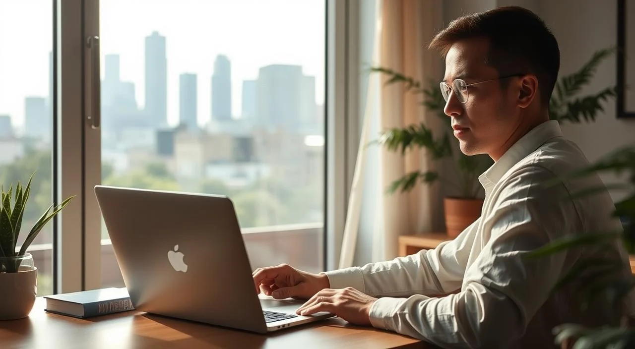 A tranquil digital environment envelops the scene, with a cozy home office setup in the foreground. A person is seated at a desk, intently focused on a laptop screen, their expression one of deep contemplation. Soothing natural light filters in through large windows, creating a warm, inviting atmosphere. The background features a serene cityscape, with skyscrapers and greenery blending harmoniously. Soft, muted tones throughout, conveying a sense of calm and introspection. The overall composition suggests the seamless integration of mental health therapy and the digital realm, highlighting the accessibility and convenience of online counseling.