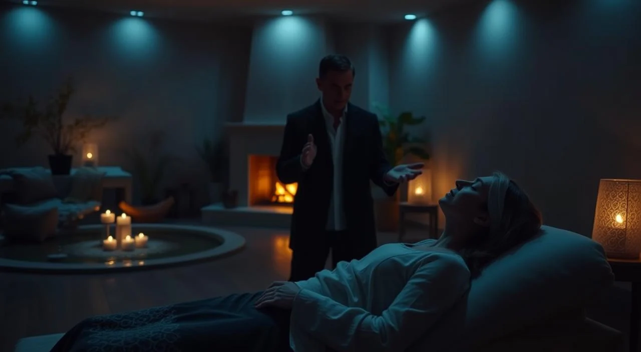 A tranquil, dimly lit room with a hypnotist standing in the foreground, guiding a patient into a state of deep relaxation. The patient is reclined comfortably, their eyes gently closed, as the hypnotist's soothing voice and subtle hand gestures induce a trance-like state. In the background, soft lighting illuminates calming natural elements, such as a crackling fireplace or a gently flowing water feature, creating an atmosphere of peace and serenity. The scene conveys the therapeutic nature of hypnosis, with the hypnotist's expertise and the patient's trust in the process leading to a profound sense of mental and physical tranquility.