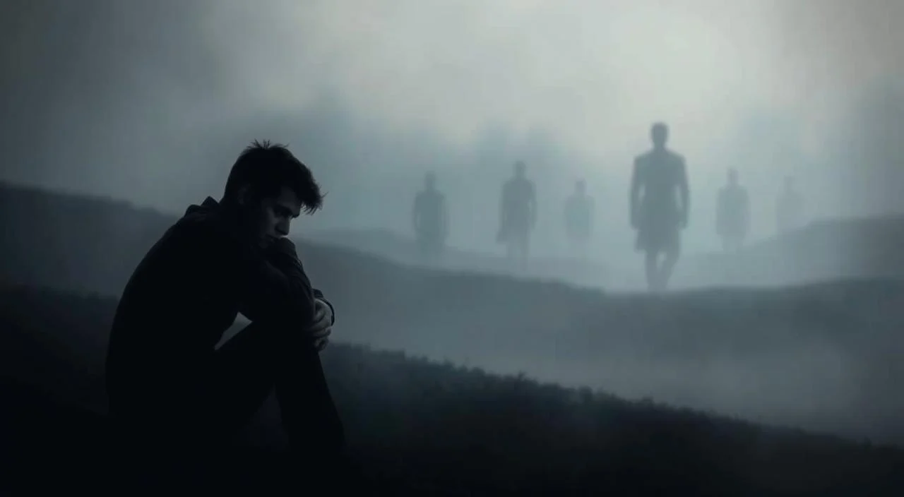 A tranquil, dimly lit scene depicting the inception of anxiety. In the foreground, a lone figure sits hunched, their expression tense and brow furrowed, as if consumed by intrusive thoughts. The middle ground reveals a hazy, dreamlike landscape, where shadowy figures loom, representing the gradual encroachment of anxious feelings. The background is shrouded in a soft, muted palette, evoking a sense of unease and the gradual fading of clarity. Soft, diffused lighting casts a melancholic glow, while a subtle depth of field emphasizes the subject's isolation. The overall atmosphere conveys the subtle, insidious nature of anxiety's origins, hinting at the journey towards its full manifestation.