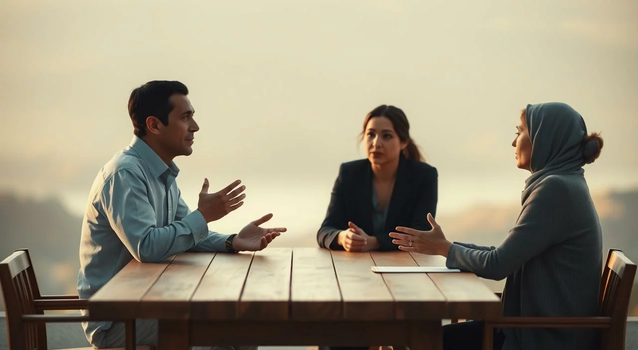 A tranquil discussion between two figures, a man and a woman, seated at a minimalist wooden table. Soft, warm lighting illuminates their thoughtful expressions as they engage in earnest conversation, hands gesturing with clarity and understanding. The background is a serene, blurred landscape, hinting at the importance of this meaningful dialogue. The scene conveys an atmosphere of open, effective communication, a mutual exchange of ideas leading to greater acceptance and connection.