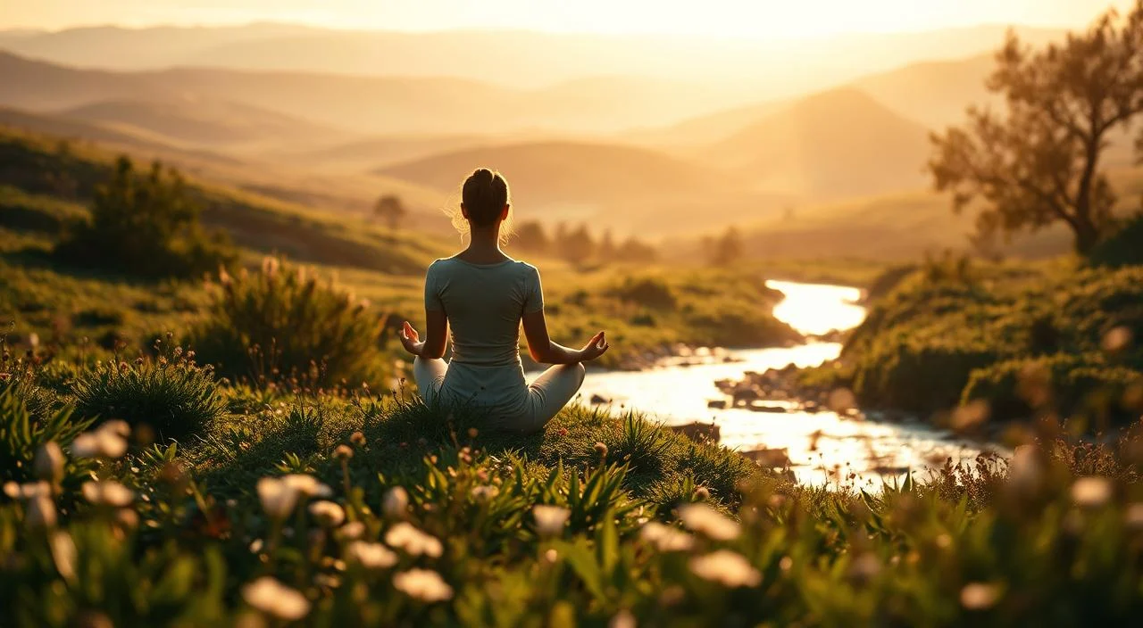 A tranquil landscape bathed in soft, golden light, with a serene figure seated in a meditative pose at the center. In the foreground, lush greenery and delicate flowers create a sense of natural balance and harmony. The middle ground features a gently flowing stream, its waters reflecting the warm hues of the sky. In the distance, rolling hills and a hazy horizon evoke a feeling of inner peace and emotional equilibrium. The composition is carefully balanced, inviting the viewer to find their own sense of self-awareness and emotional balance within the serene and contemplative scene.
