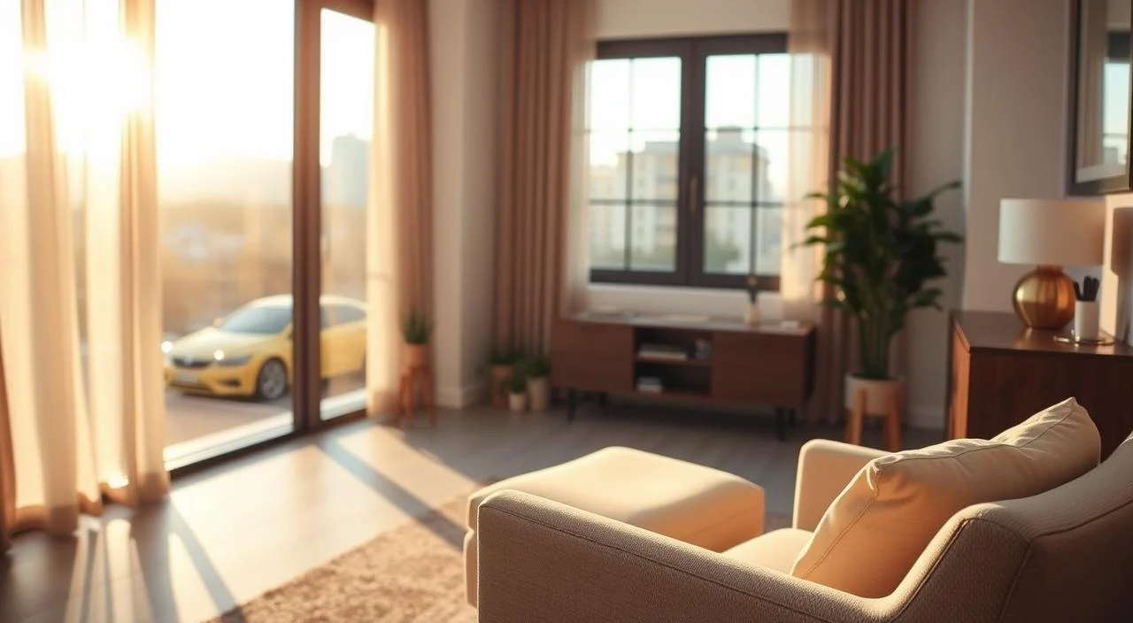 A tranquil, modern therapy office with soft lighting and a warm, inviting atmosphere. In the foreground, a comfortable armchair and a small side table with a potted plant. The middle ground features a large window overlooking a peaceful, urban landscape, bathed in golden afternoon sunlight. The background showcases tasteful, minimalist decor and soothing, neutral-toned walls. The overall scene conveys a sense of serenity, safety, and the potential for personal growth and self-exploration.