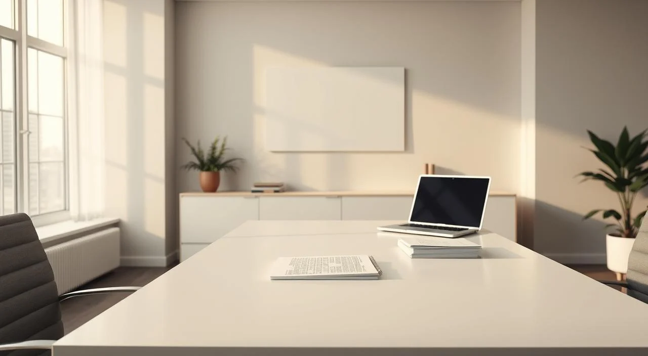 A tranquil office setting, with a sleek and modern desk as the focal point. On the desk, a laptop and a stack of papers, symbolizing the process of reviewing and filtering feedback. The background features a minimalist wall decor, with a large window letting in soft, diffused natural light that creates a serene ambiance. The overall atmosphere conveys a sense of thoughtfulness and focus, inviting the viewer to engage with the art of processing feedback constructively. The scene is captured through a medium-wide angle lens, allowing for a balanced composition that draws attention to the central elements.