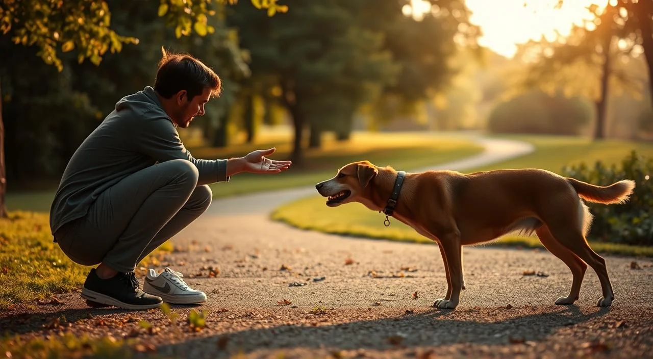A tranquil outdoor scene of a person gradually introducing themselves to a friendly dog in a park setting. The foreground shows the person crouching down, hand extended, as the dog cautiously approaches. The middle ground features lush greenery and a winding path, creating a sense of openness and safety. The background showcases a warm, golden-hour lighting that bathes the scene in a calming, inviting glow. The composition is balanced, with the figures positioned to draw the viewer's eye towards the interaction, conveying a sense of gradual progress and growing comfort between the person and the dog.