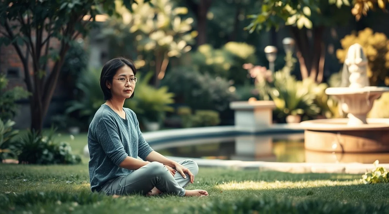 A tranquil outdoor scene with a person sitting cross-legged in a peaceful garden, surrounded by lush greenery and a serene water feature. The person appears calm and introspective, with a subtle expression of self-assurance. Warm, natural lighting gently illuminates the scene, creating a sense of comfort and inner reflection. The overall atmosphere conveys a journey of personal growth, as the person explores strategies to overcome the fear of judgment and cultivate a positive self-image.