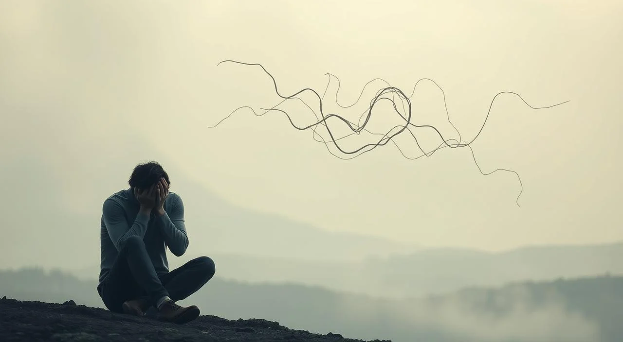 A tranquil scene depicting the close relationship between anxiety and depression. In the foreground, a person sits hunched, their face obscured by their hands, symbolizing the overwhelming nature of these mental health challenges. In the middle ground, wispy tendrils of anxiety and depression intertwine, creating a sense of entanglement and blurring the lines between the two. The background features a muted, hazy landscape, conveying the sense of being trapped in a constant state of emotional turmoil. Soft, diffuse lighting casts a melancholic glow, emphasizing the somber mood. The overall composition evokes a profound sense of introspection and the struggle to find balance amid the complexities of mental health.