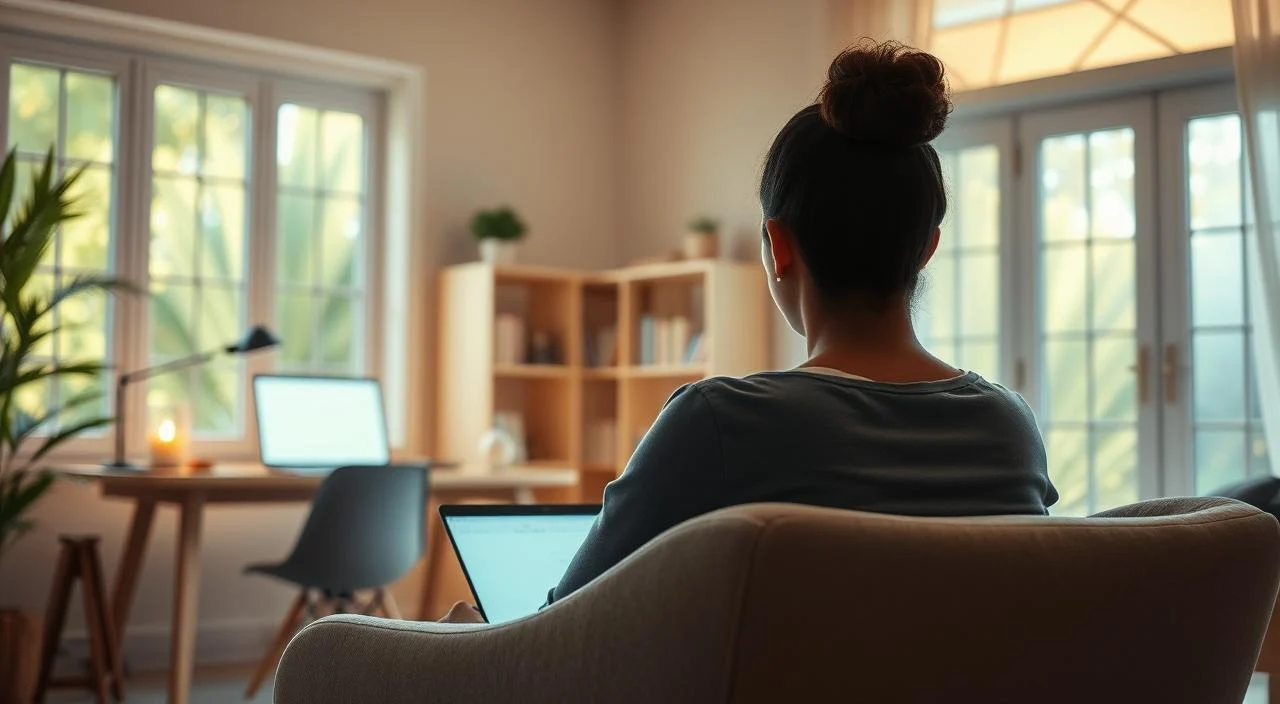 A tranquil scene of a person engaged in online therapy, set against the backdrop of a cozy, well-lit home office. In the foreground, a person sits comfortably on a plush chair, their face illuminated by the soft glow of a laptop screen, conveying a sense of focus and introspection. The middle ground features a minimalist desk and shelves, suggesting an organized and soothing environment conducive to therapeutic exploration. The background is filled with warm, natural light filtering through large windows, creating a calming and inviting atmosphere. The overall composition emphasizes the accessibility and comfort of online therapy, reflecting the benefits of mental health care in the digital age.
