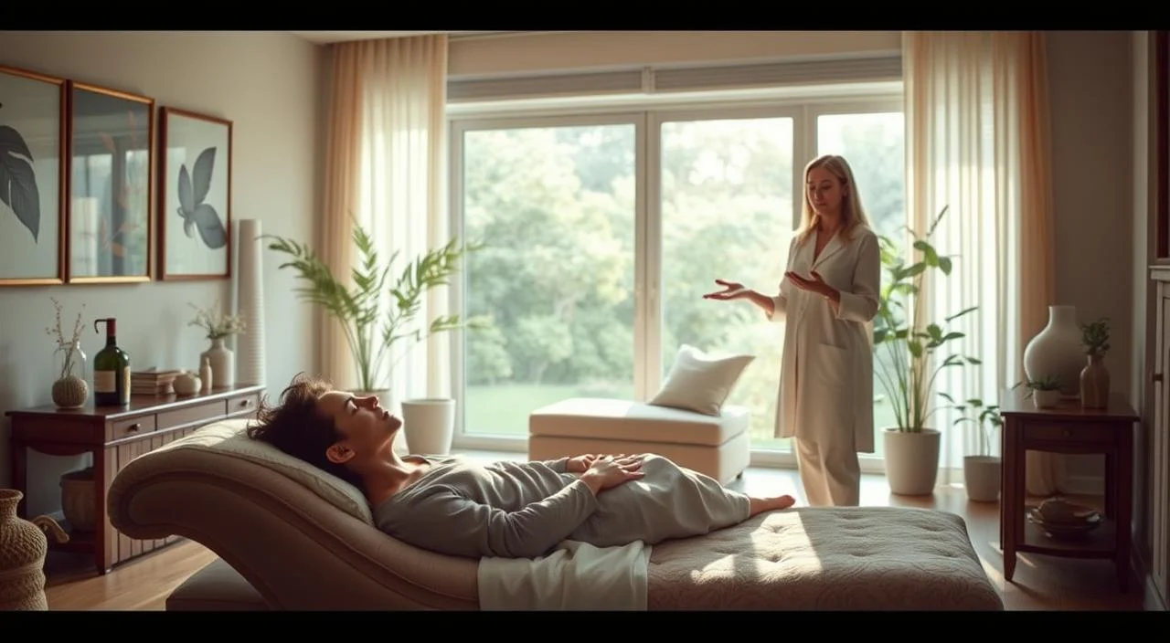 A tranquil scene of a therapeutic session, bathed in soft, natural lighting. In the foreground, a person reclines on a comfortable chaise, eyes gently closed, as a hypnotherapist stands nearby, hands outstretched in a calming gesture. The middle ground features soothing artwork and calming decor, creating an atmosphere of relaxation and introspection. In the background, a large window overlooks a serene garden, enhancing the sense of peacefulness. The overall mood is one of mindfulness, as the subject undergoes a transformative hypnotherapy session to alleviate anxiety and achieve a state of inner calm.