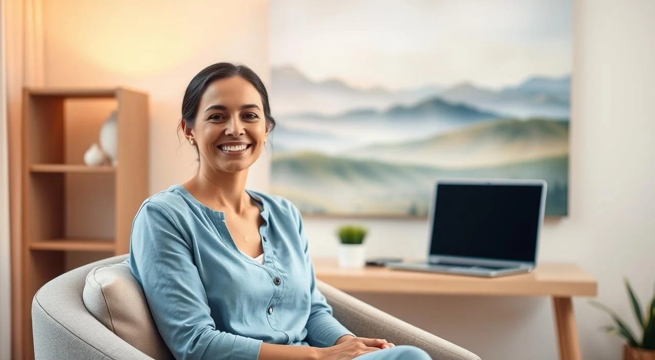 A tranquil, serene home office setting with a woman sitting comfortably on a soft chair, her face radiating a sense of emotional well-being and inner peace. Warm, diffused lighting highlights her relaxed posture and the calming atmosphere around her. In the background, a soothing, abstract landscape painting provides a calming visual backdrop. The overall mood evokes a feeling of mental clarity, emotional support, and the therapeutic benefits of online counseling.
