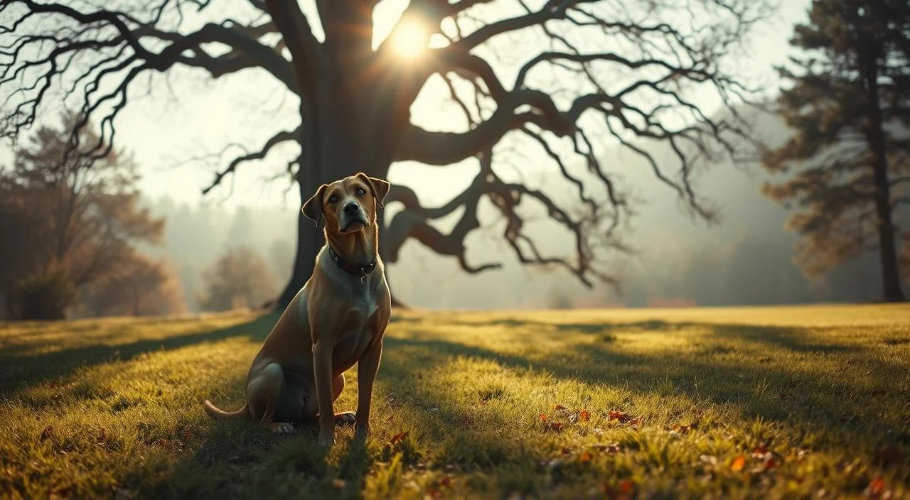A tranquil, sun-dappled meadow on a crisp autumn day. In the foreground, a lone dog sits, head cocked inquisitively, its expression conveying a sense of apprehension and uncertainty. The middle ground reveals a towering, ancient oak tree, its gnarled branches casting long shadows across the grassy expanse. In the distance, a hazy forest looms, its dense foliage shrouding the unknown. The lighting is soft and diffused, creating a serene, contemplative atmosphere. The camera angle is slightly elevated, lending a sense of observation and contemplation to the scene. This image aims to capture the origins and symptoms of canine-related fear, inviting the viewer to reflect on the complex emotional landscape that often underlies our relationships with these beloved companions.