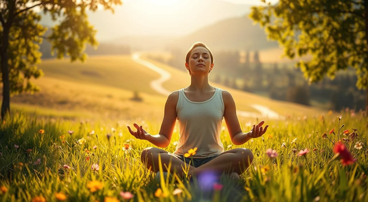 A tranquil, sun-dappled meadow with lush, verdant grass and vibrant wildflowers. In the foreground, a person sits cross-legged, eyes closed, deep in introspective meditation, a serene expression on their face. The middle ground features a path winding through the scene, inviting the viewer to embark on a journey of personal growth. In the background, rolling hills and a distant forest create a sense of expansive possibility. The lighting is soft and warm, casting a gentle glow over the entire composition. The overall atmosphere is one of calm, reflection, and a sense of inner peace and personal empowerment.