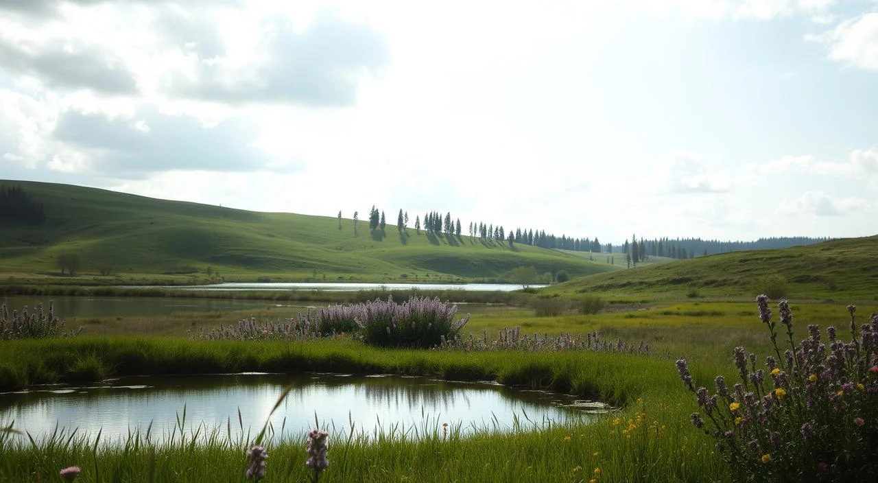A tranquil, sunlit landscape with a serene pond in the foreground, its calm waters reflecting the cloudy sky above. In the middle ground, lush green hills roll gently, dotted with clusters of wildflowers in muted tones of purple, pink, and yellow. Towards the horizon, a distant forest of tall, swaying trees casts a sense of solitude and contemplation. The overall scene exudes a sense of peace and introspection, inviting the viewer to pause and reflect on the interplay between anxiety, depression, and the natural world.