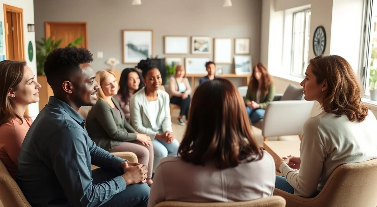 A tranquil, well-lit interior scene showcasing a variety of psychological support services available to the public. In the foreground, a group of diverse individuals engaged in one-on-one counseling sessions, their expressions contemplative and serene. In the middle ground, a circle of people participating in a group therapy discussion, hands clasped, faces open and attentive. The background depicts a welcoming reception area with comfortable seating and soothing artwork, conveying a sense of safety and care. Natural lighting filters in through large windows, creating a calming, therapeutic atmosphere. The composition emphasizes the inclusive, accessible nature of these free psychological services, inviting the viewer to imagine themselves seeking the support they need.